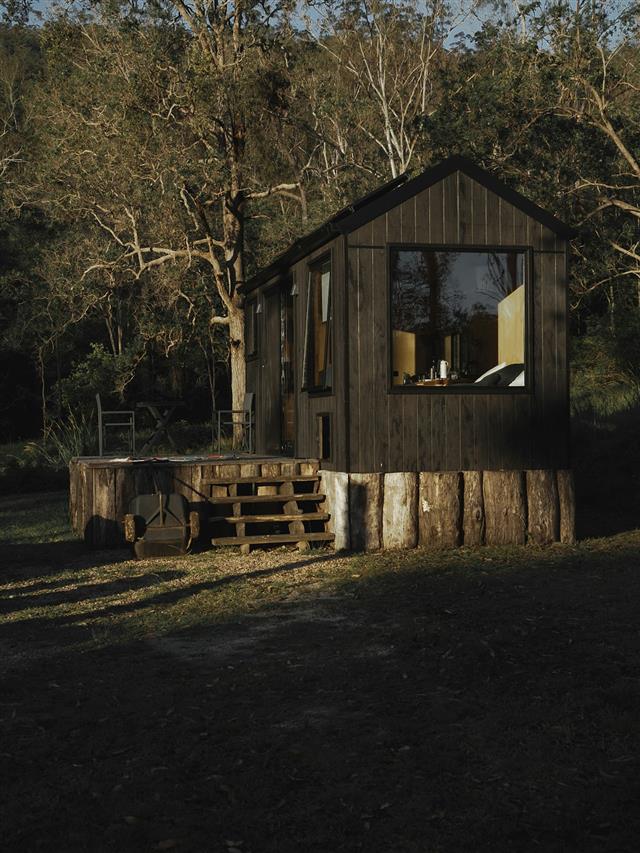 Wooden porch stairs on a rural cabin, the kind of steps that need rails and good lighting